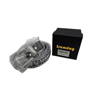 Ssumday Western Rhinestone Belt Silver Buckle Black Sparkle Studded Women /TT